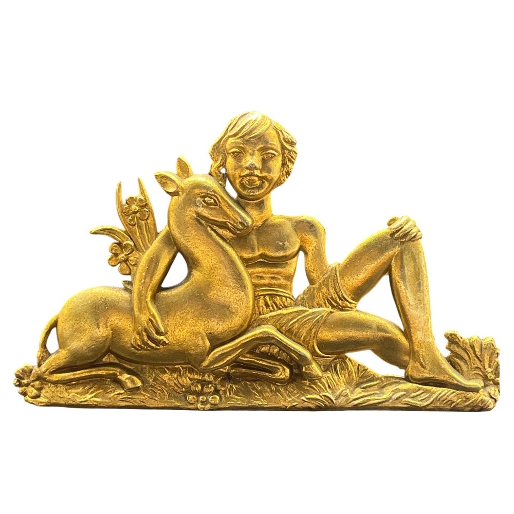 vintage Art Deco brass boy/deer figurine, plaque, mid-century clock‎ front plate